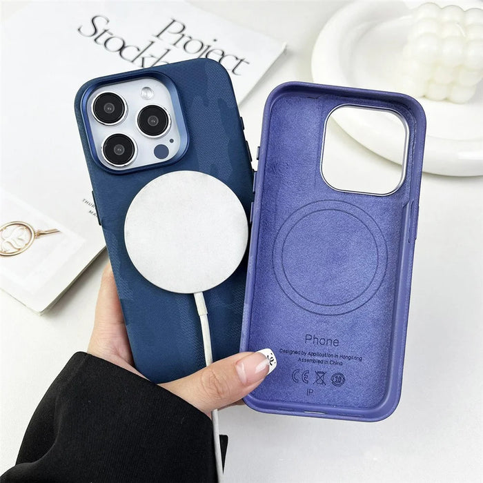 For iPhone 14 Pro Max Magnetic Case Luxury Camouflage PC PU Leather Shockproof Cover Compatible with Magsafe - Army Green - 3