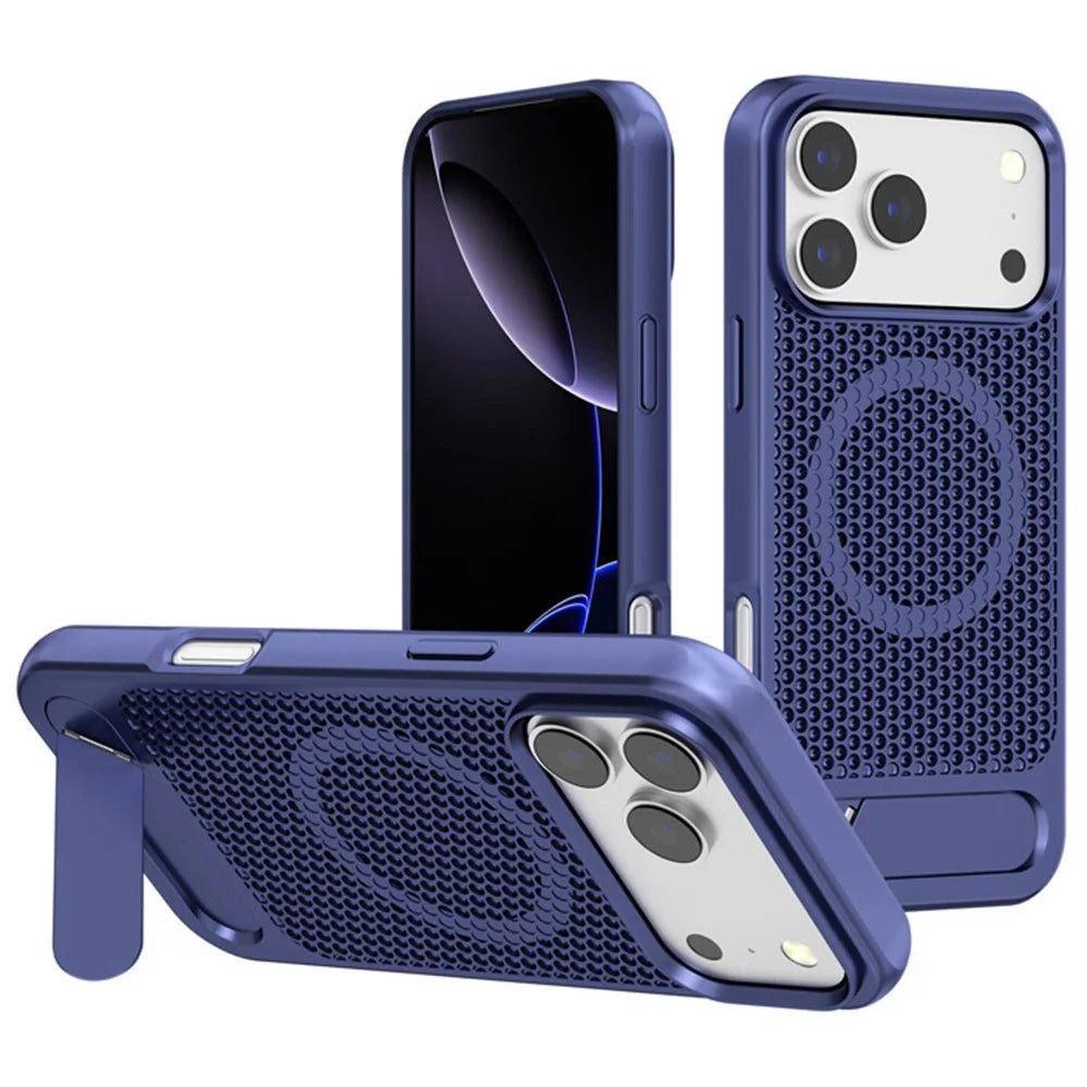 For iPhone 17 Pro Max Case Hollow Heat Dissipation Back Cover Kickstand Compatible with MagSafe - Sapphire - 1