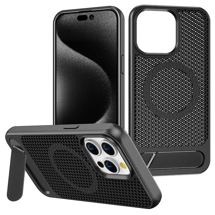For iPhone 16 Pro Case Hollow Heat Dissipation Back Cover Kickstand Compatible with MagSafe - Black - 1