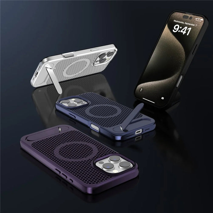 For iPhone 16 Pro Case Hollow Heat Dissipation Back Cover Kickstand Compatible with MagSafe - Black - 6