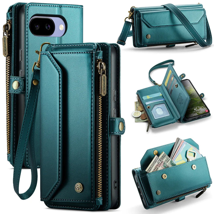 CaseMe for Google Pixel 10a CASEME C36 Leather Case Zipper 10 Card Slots Phone Cover with Straps - Green - 1