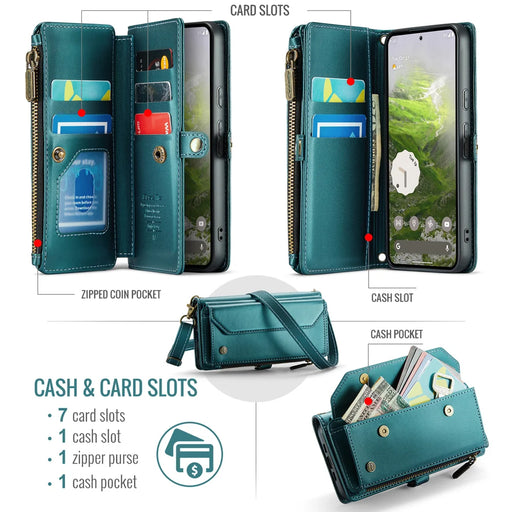 CaseMe for Google Pixel 10a CASEME C36 Leather Case Zipper 10 Card Slots Phone Cover with Straps - Green - 2