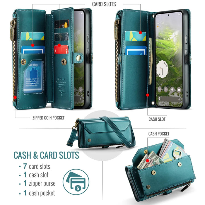 CaseMe for Google Pixel 10a CASEME C36 Leather Case Zipper 10 Card Slots Phone Cover with Straps - Green - 2