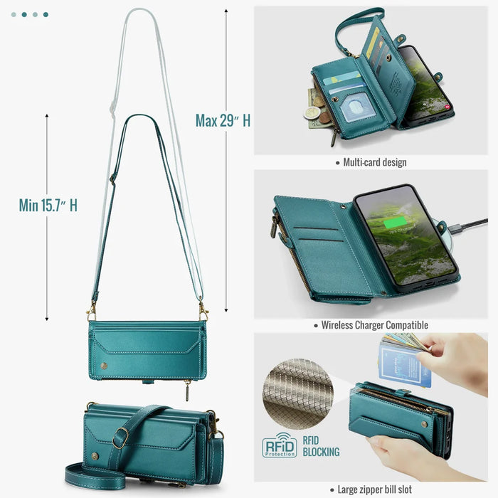 CaseMe for Google Pixel 10a CASEME C36 Leather Case Zipper 10 Card Slots Phone Cover with Straps - Green - 3