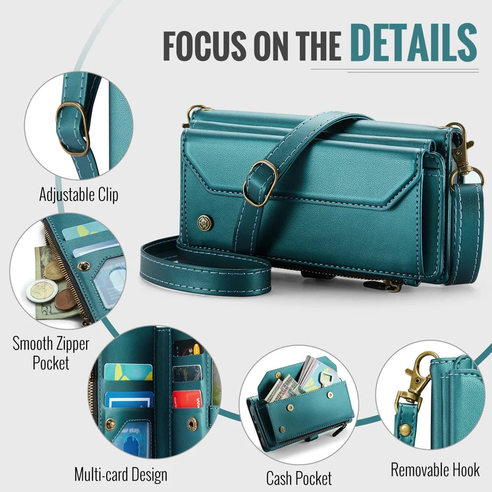 CaseMe for Google Pixel 10a CASEME C36 Leather Case Zipper 10 Card Slots Phone Cover with Straps - Green - 6