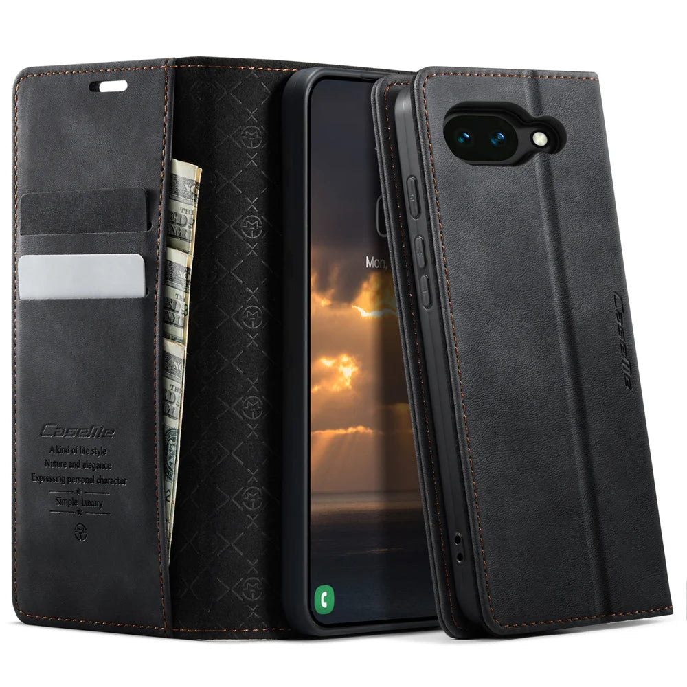 CaseMe for Google Pixel 10a CASEME 033 Series Case RFID Blocking Wallet Stand Calf Texture Leather Phone Cover - Black - 1