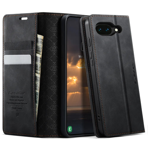 CaseMe for Google Pixel 10a CASEME 033 Series Case RFID Blocking Wallet Stand Calf Texture Leather Phone Cover - Black - 1