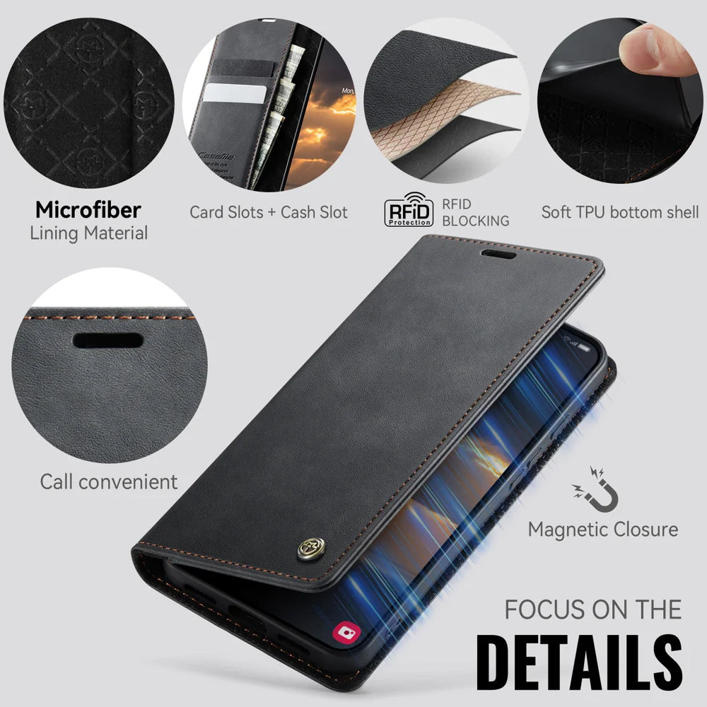 CaseMe for Google Pixel 10a CASEME 033 Series Case RFID Blocking Wallet Stand Calf Texture Leather Phone Cover - Black - 3
