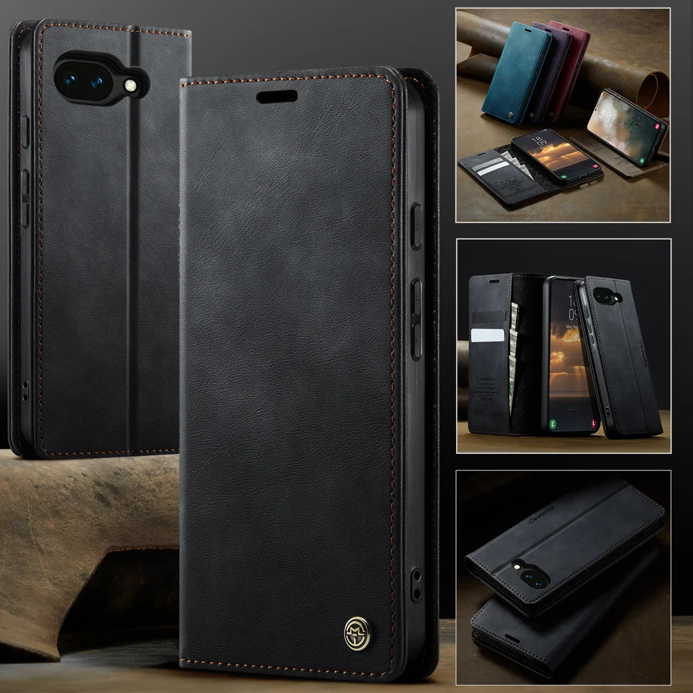 CaseMe for Google Pixel 10a CASEME 033 Series Case RFID Blocking Wallet Stand Calf Texture Leather Phone Cover - Black - 4