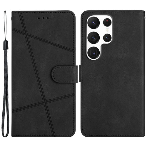 For Samsung Galaxy S22 Ultra 5G Crazy Horse Texture PU Leather Flip Phone Case Imprinted Lines Stand Magnetic Clasp Wallet Cover with Strap - Black - 1