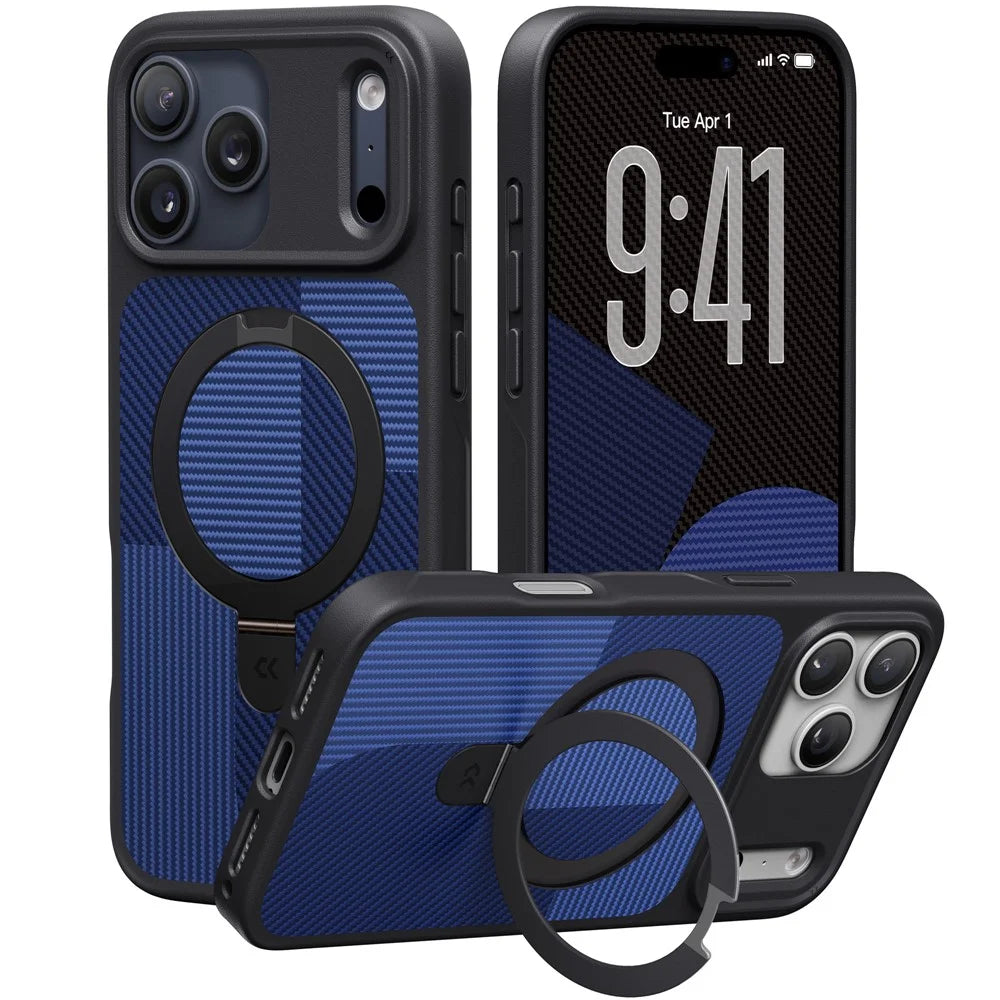 CASEKOO Geometry Series for iPhone 18 Pro / 17 Pro Magnetic Case UV Printing Ring Kickstand PC + TPU Shockproof Cover - Blue - 1