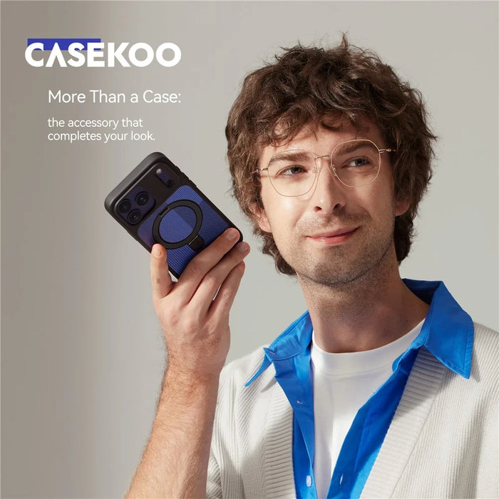 CASEKOO Geometry Series for iPhone 18 Pro / 17 Pro Magnetic Case UV Printing Ring Kickstand PC + TPU Shockproof Cover - Blue - 2