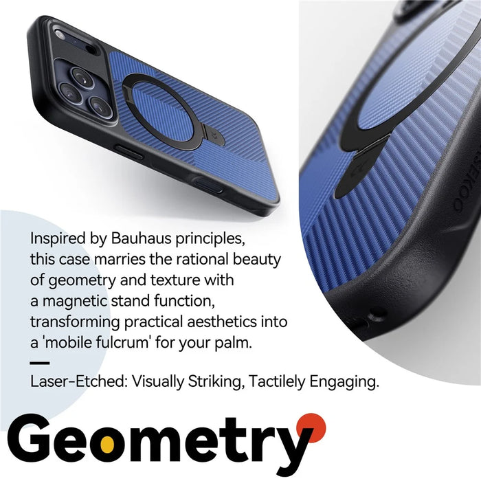 CASEKOO Geometry Series for iPhone 18 Pro / 17 Pro Magnetic Case UV Printing Ring Kickstand PC + TPU Shockproof Cover - Blue - 3