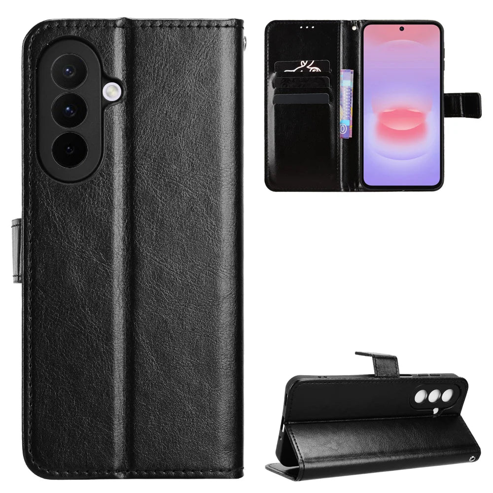 For Samsung Galaxy A27 5G PU Leather Case with Strap Crazy Horse Texture Phone Wallet Cover - Black - 1