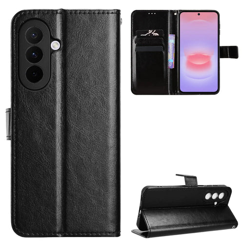 For Samsung Galaxy A27 5G PU Leather Case with Strap Crazy Horse Texture Phone Wallet Cover - Black - 1