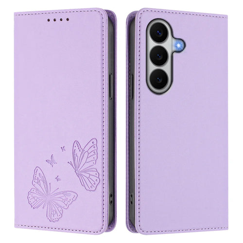 For Samsung Galaxy A27 5G Wallet Case RFID Blocking Butterfly Imprinted Magnetic Flip Leather Cover - Light Purple - 1