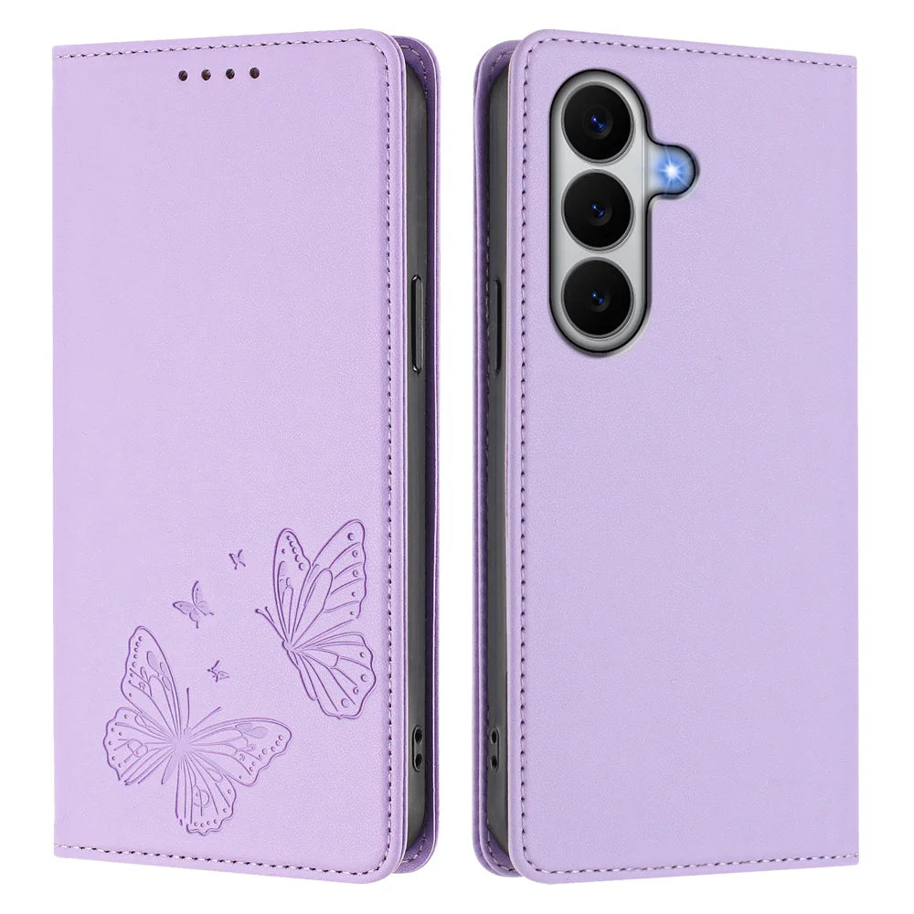For Samsung Galaxy A27 5G Wallet Case RFID Blocking Butterfly Imprinted Magnetic Flip Leather Cover - Light Purple - 1