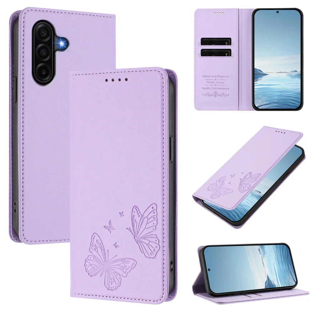 For Samsung Galaxy A37 5G / A36 5G / A56 5G Wallet Case RFID Blocking Butterfly Imprinted Magnetic Flip Leather Cover - Light Purple - 2