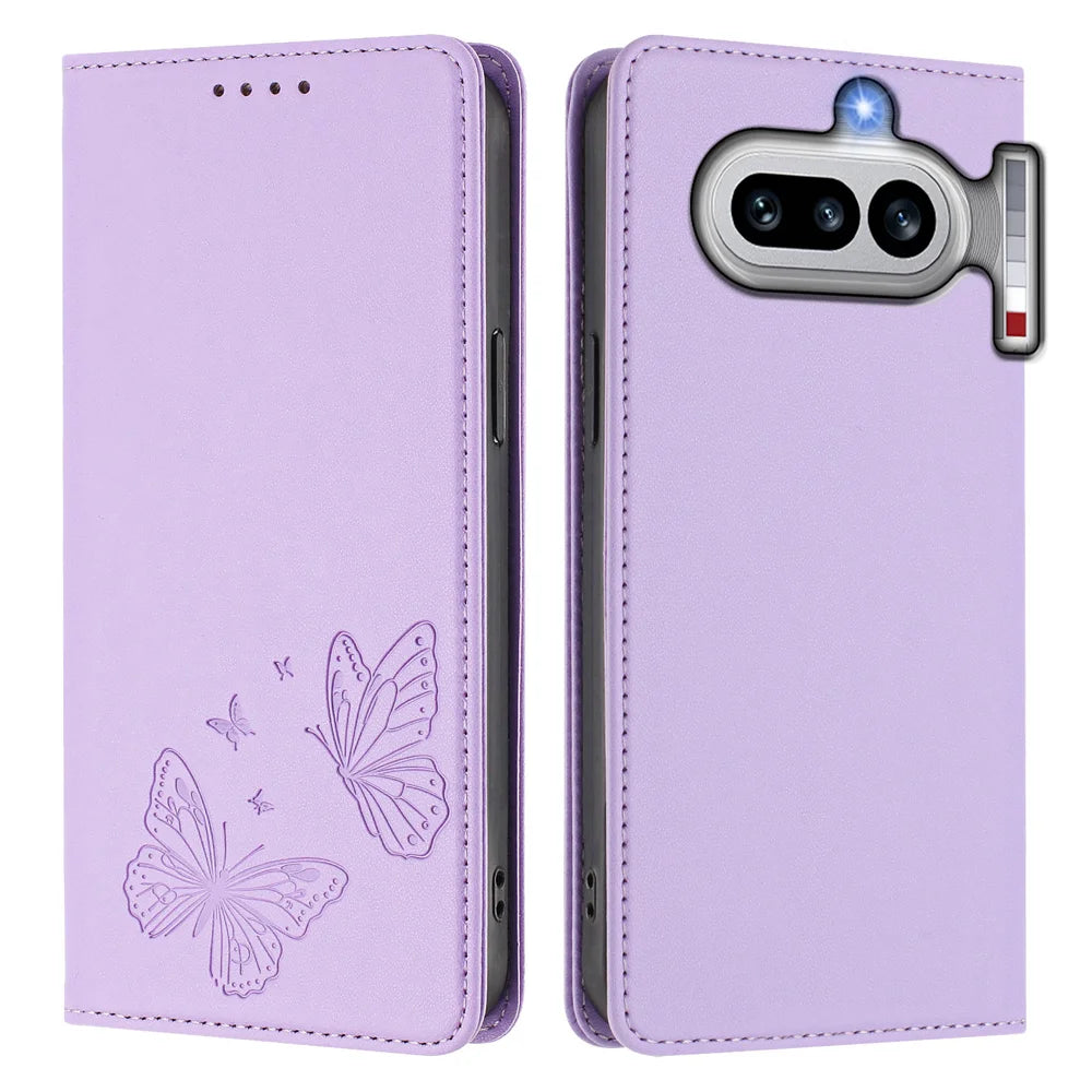 For Nothing Phone (4a) Wallet Case RFID Blocking Butterfly Imprinted Magnetic Flip Leather Cover - Light Purple - 1