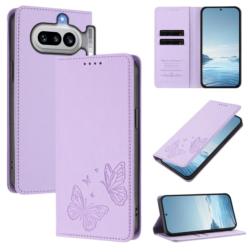 For Nothing Phone (4a) Wallet Case RFID Blocking Butterfly Imprinted Magnetic Flip Leather Cover - Light Purple - 2