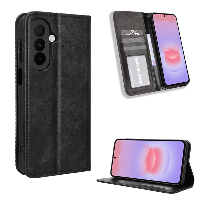 For Samsung Galaxy A27 5G Leather Case Wallet Stand Retro Texture Phone Cover - Black - 1