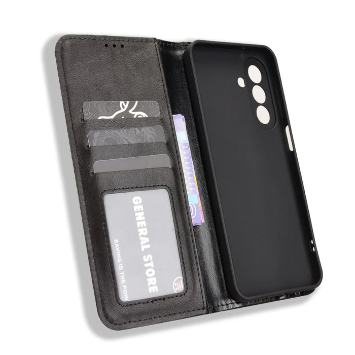 For Samsung Galaxy A27 5G Leather Case Wallet Stand Retro Texture Phone Cover - Black - 5
