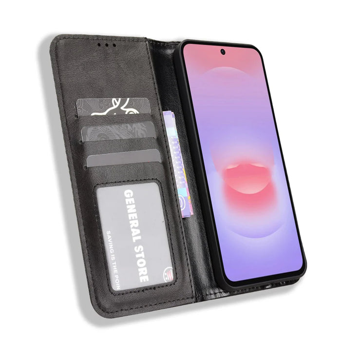 For Samsung Galaxy A27 5G Leather Case Wallet Stand Retro Texture Phone Cover - Black - 6