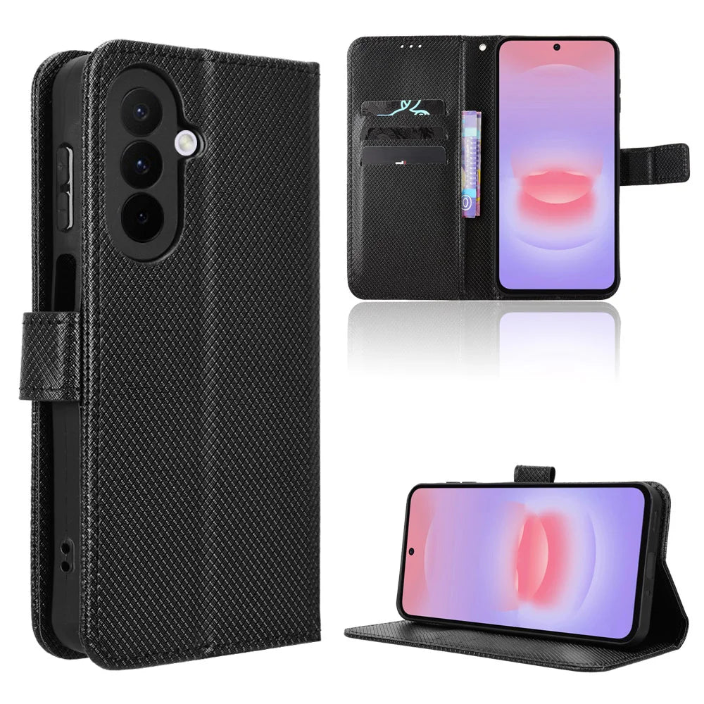 For Samsung Galaxy A27 5G Leather Wallet Case with Strap Diamond Texture Phone Cover - Black - 1