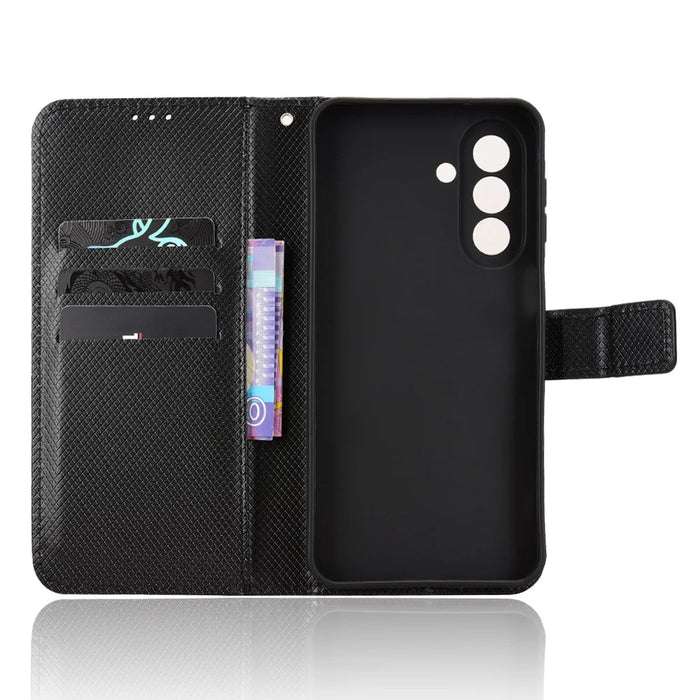 For Samsung Galaxy A27 5G Leather Wallet Case with Strap Diamond Texture Phone Cover - Black - 5