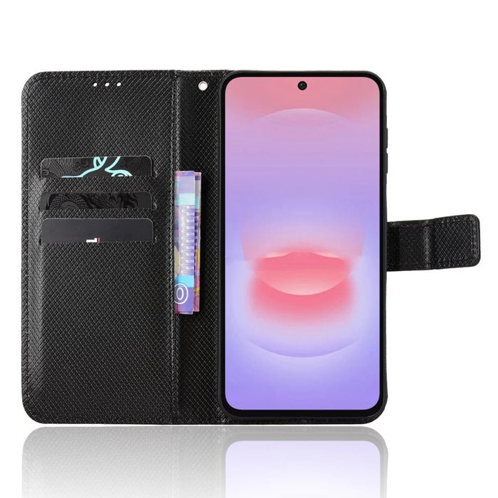 For Samsung Galaxy A27 5G Leather Wallet Case with Strap Diamond Texture Phone Cover - Black - 6