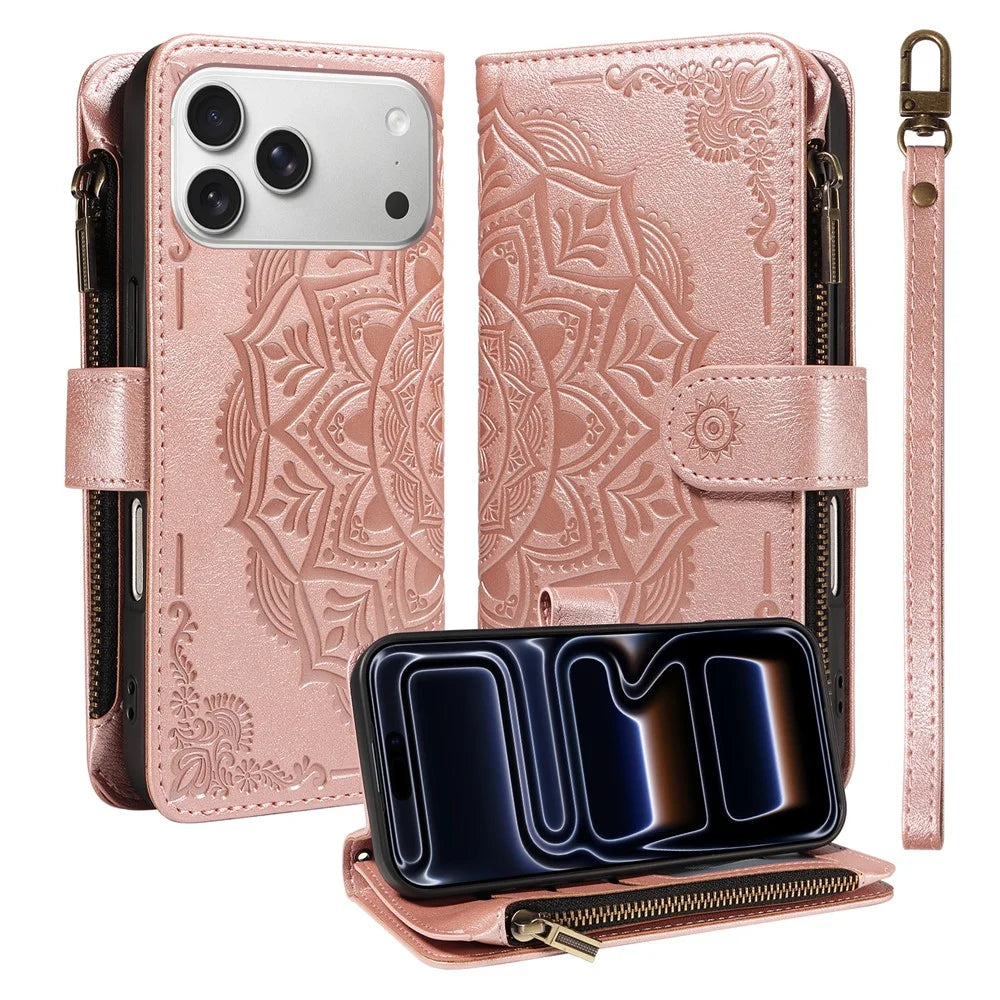 For iPhone 18 Pro / 17 Pro Wallet Case 9 Card Slots RFID Blocking Mandala Embossed Leather Flip Cover with Wrist Strap - Rose Gold - 1