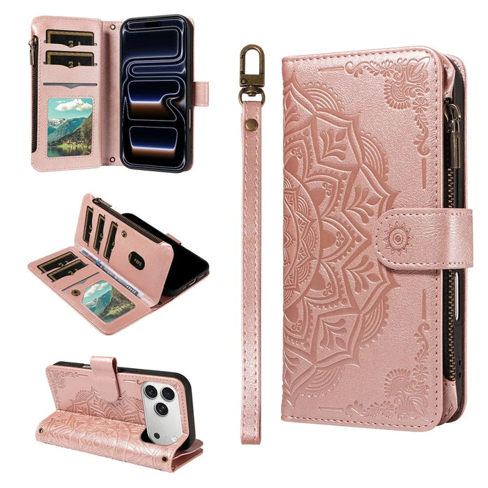 For iPhone 18 Pro / 17 Pro Wallet Case 9 Card Slots RFID Blocking Mandala Embossed Leather Flip Cover with Wrist Strap - Rose Gold - 2