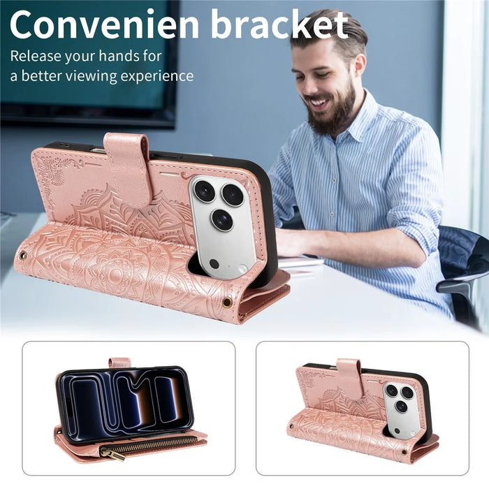 For iPhone 18 Pro / 17 Pro Wallet Case 9 Card Slots RFID Blocking Mandala Embossed Leather Flip Cover with Wrist Strap - Rose Gold - 5