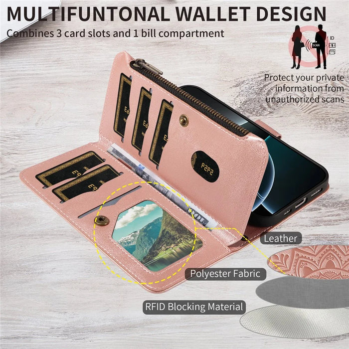 For iPhone 18 Pro / 17 Pro Wallet Case 9 Card Slots RFID Blocking Mandala Embossed Leather Flip Cover with Wrist Strap - Rose Gold - 6