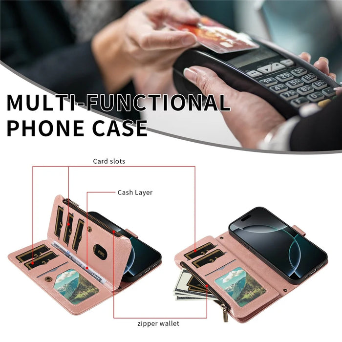 For iPhone 18 Pro / 17 Pro Wallet Case 9 Card Slots RFID Blocking Mandala Embossed Leather Flip Cover with Wrist Strap - Rose Gold - 7