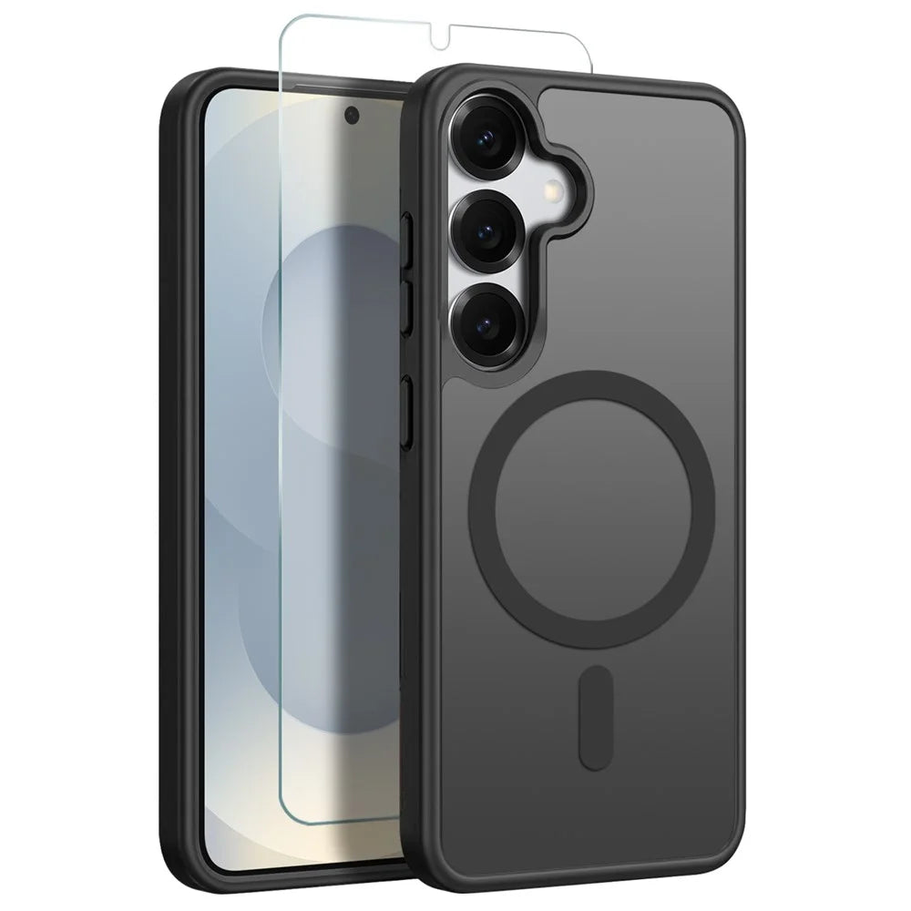 NORTHJO For Samsung Galaxy S25 Case Translucent Matte Shockproof Phone Cover with Tempered Glass Film - Black - 1