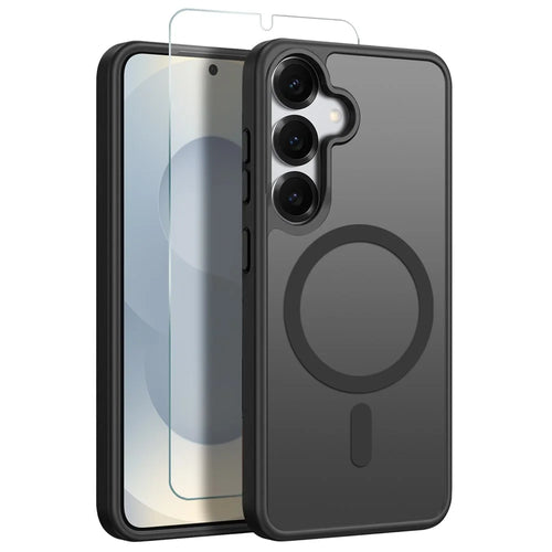 NORTHJO For Samsung Galaxy S25 Case Translucent Matte Shockproof Phone Cover with Tempered Glass Film - Black - 1
