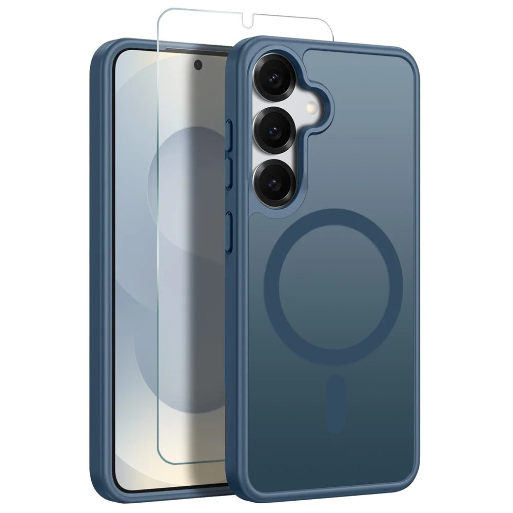 NORTHJO For Samsung Galaxy S25+ Case Translucent Matte Shockproof Phone Cover with Tempered Glass Film - Blue - 1
