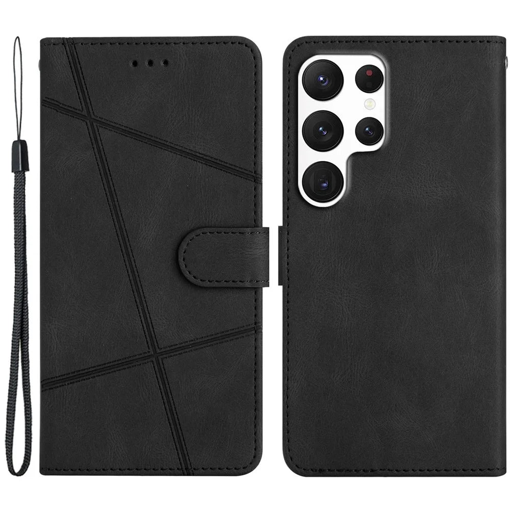 For Samsung Galaxy S23 Ultra  Imprinted Lines Crazy Horse Texture Phone Case PU Leather Flip Stand Magnetic Protective Wallet Cover with Strap - Black - 1