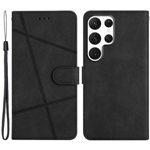 For Samsung Galaxy S23 Ultra  Imprinted Lines Crazy Horse Texture Phone Case PU Leather Flip Stand Magnetic Protective Wallet Cover with Strap - Black - 1