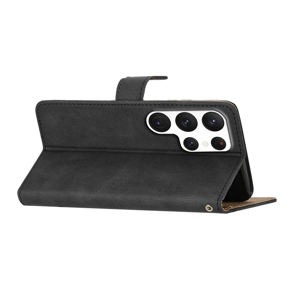 For Samsung Galaxy S23 Ultra  Imprinted Lines Crazy Horse Texture Phone Case PU Leather Flip Stand Magnetic Protective Wallet Cover with Strap - Black - 4
