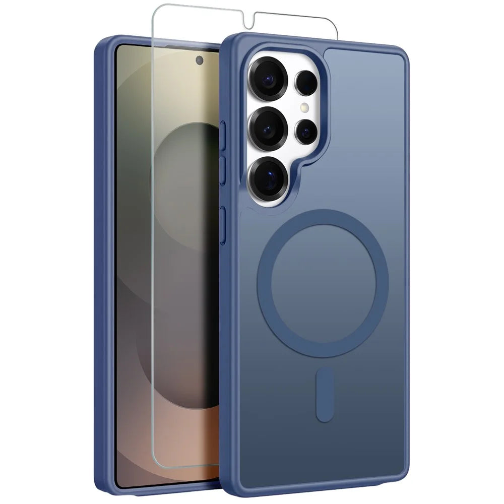 NORTHJO For Samsung Galaxy S25 Ultra Case Translucent Matte Shockproof Phone Cover with Tempered Glass Film - Blue - 1