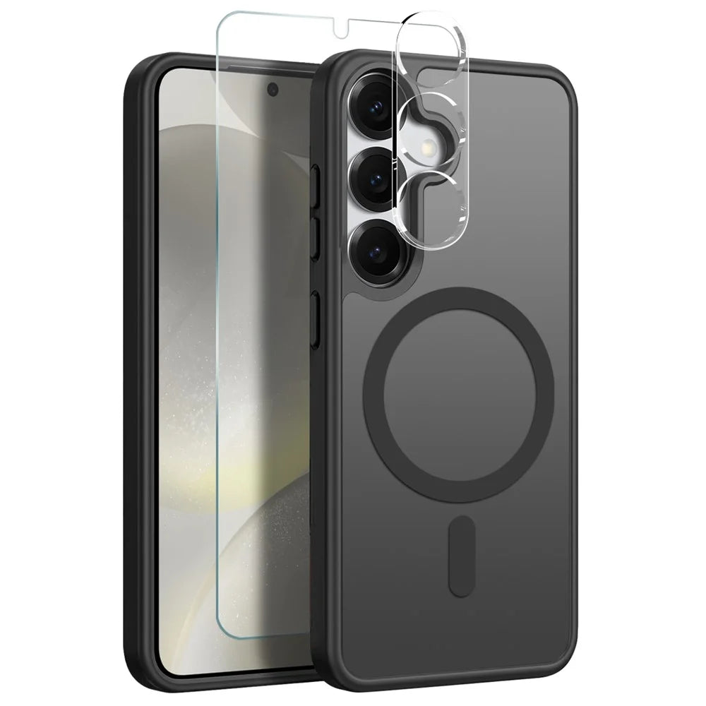 NORTHJO For Samsung Galaxy S24 Magnetic Case Translucent Matte Shockproof Phone Cover Set with Front Screen Protector + Lens Film - Black - 1