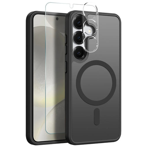 NORTHJO For Samsung Galaxy S24 Magnetic Case Translucent Matte Shockproof Phone Cover Set with Front Screen Protector + Lens Film - Black - 1
