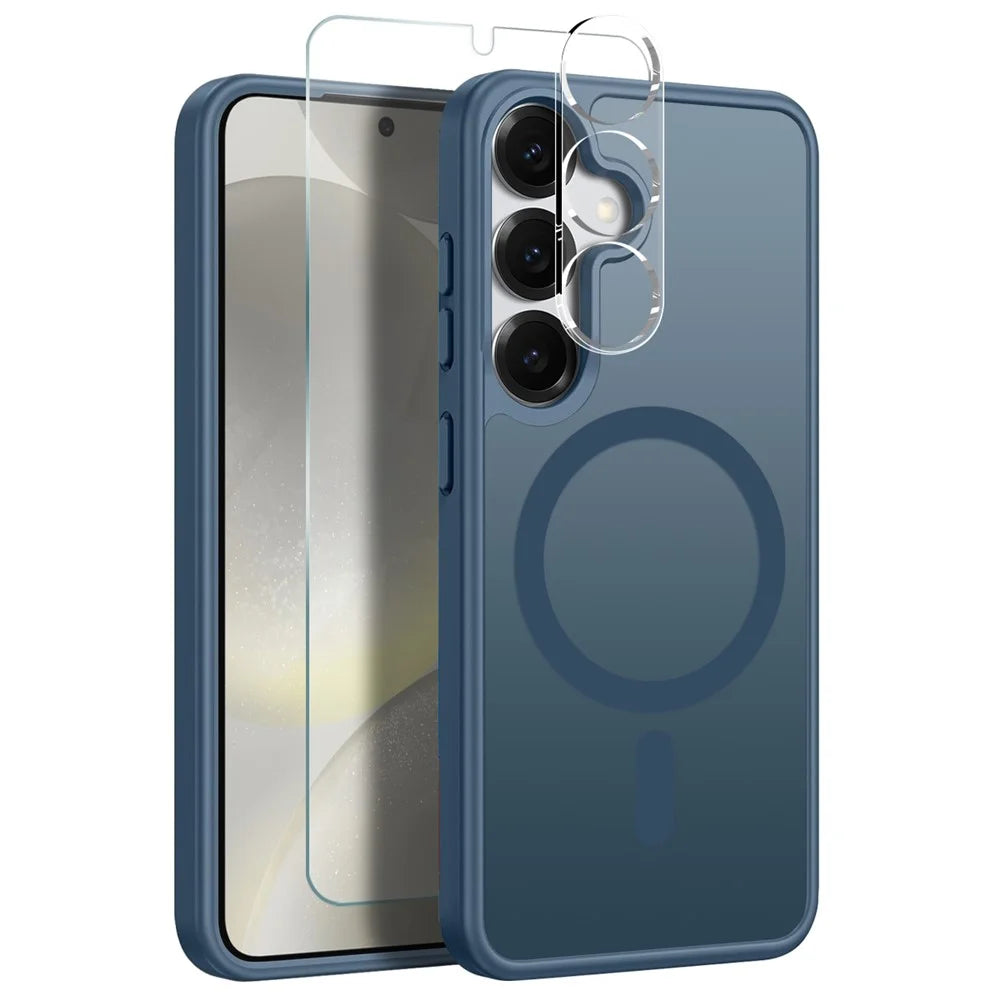 NORTHJO For Samsung Galaxy S24+ Magnetic Case Translucent Matte Shockproof Phone Cover Set with Front Screen Protector + Lens Film - Blue - 1