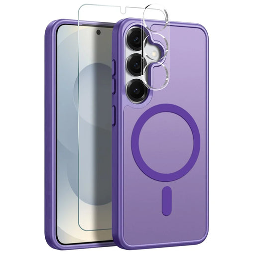 NORTHJO For Samsung Galaxy S25 Magnetic Case Translucent Matte Shockproof Phone Cover Set with Front Screen Protector + Lens Film - Purple - 1