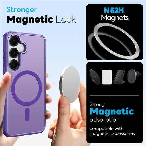 NORTHJO For Samsung Galaxy S25 Magnetic Case Translucent Matte Shockproof Phone Cover Set with Front Screen Protector + Lens Film - Purple - 2