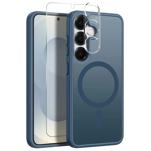 NORTHJO For Samsung Galaxy S25+ Magnetic Case Translucent Matte Shockproof Phone Cover Set with Front Screen Protector + Lens Film - Blue - 1