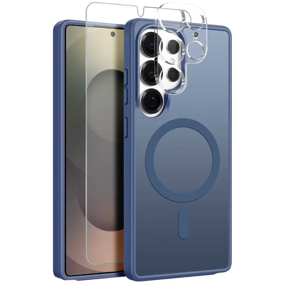 NORTHJO For Samsung Galaxy S25 Ultra Magnetic Case Translucent Matte Shockproof Phone Cover Set with Front Screen Protector + Lens Film - Blue - 1