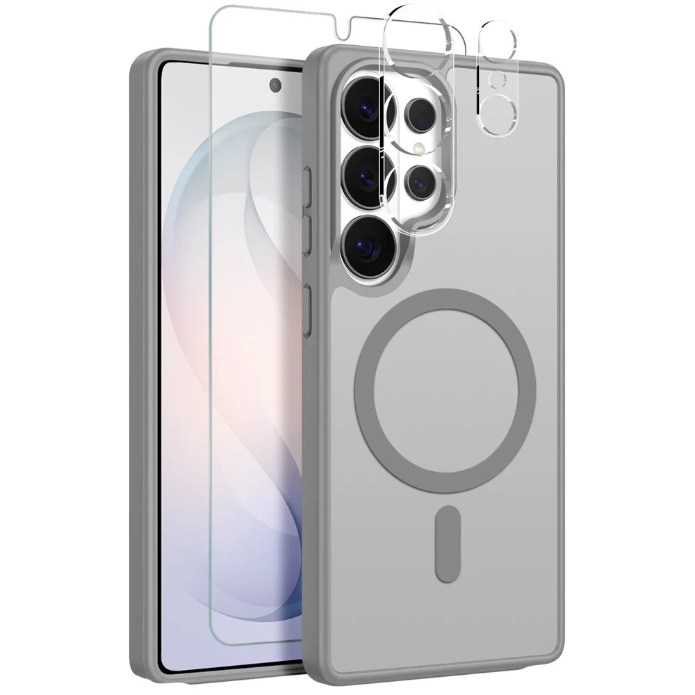 NORTHJO For Samsung Galaxy S26 Ultra Magnetic Case Translucent Matte Shockproof Phone Cover Set with Front Screen Protector + Lens Film - Grey - 1